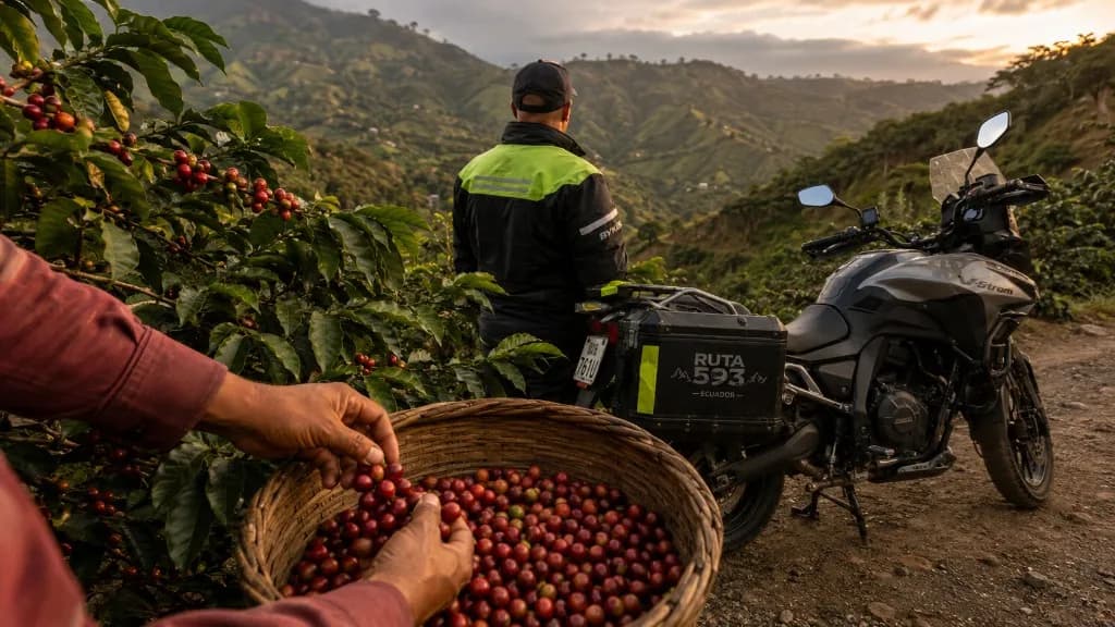 Cesta de cerezas de café y moto de aventura frente a los valles andinos de Ecuador