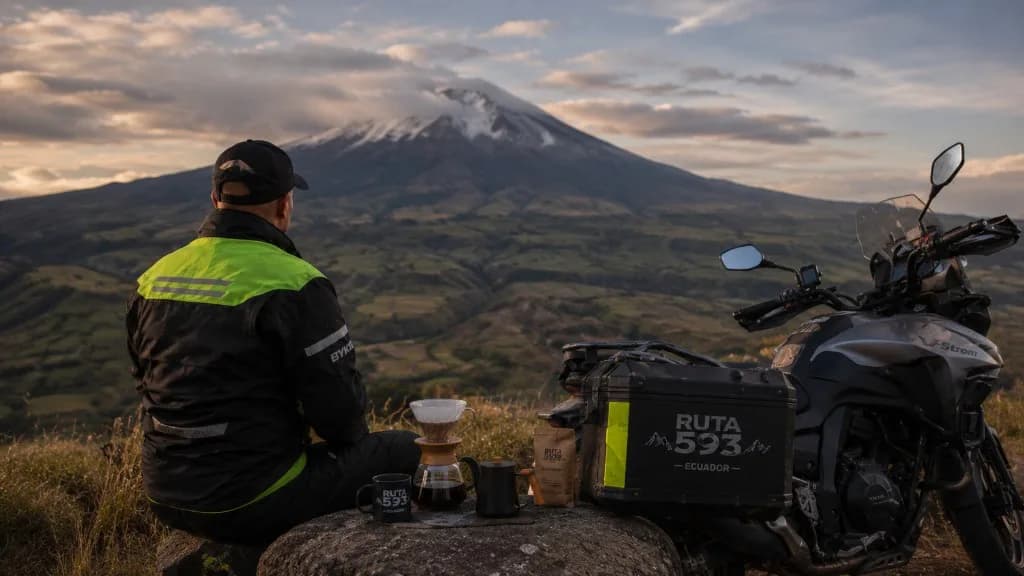 Preparación de café con vista al volcán Cotopaxi durante un viaje en moto