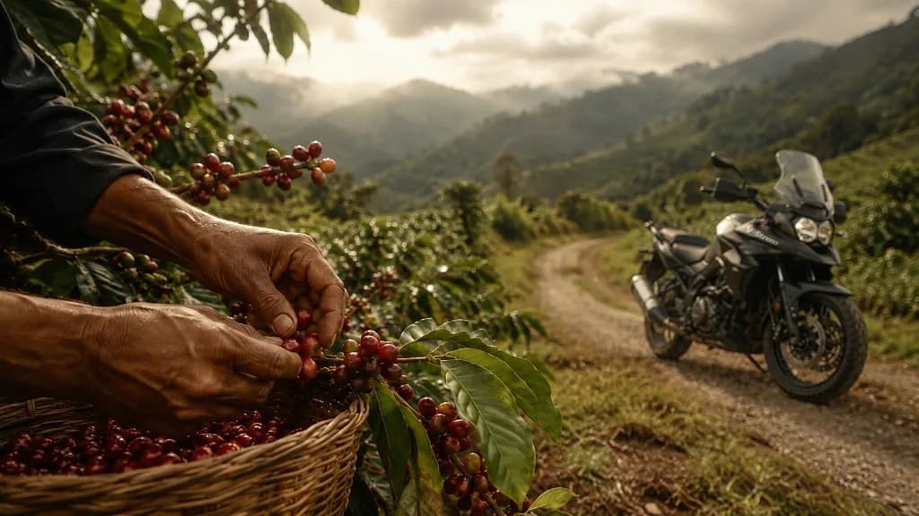 Moto de ruta junto a manos cosechando cerezas de café en una finca ecuatoriana