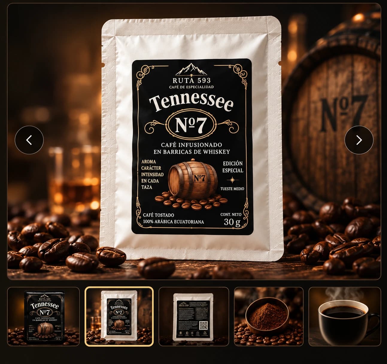 Etiqueta Tennessee Nº 7: café infusionado en barricas de whiskey, edición especial RUTA 593 de 30 g