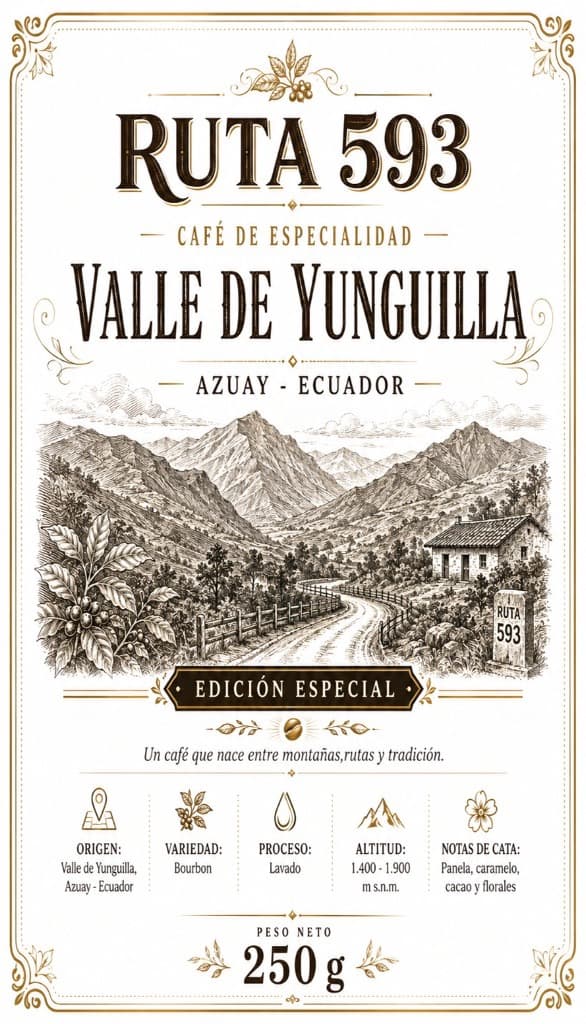 Etiqueta RUTA 593 — Valle de Yunguilla, Bourbon lavado, 250 g — microlote AZU-BOR-2026-001
