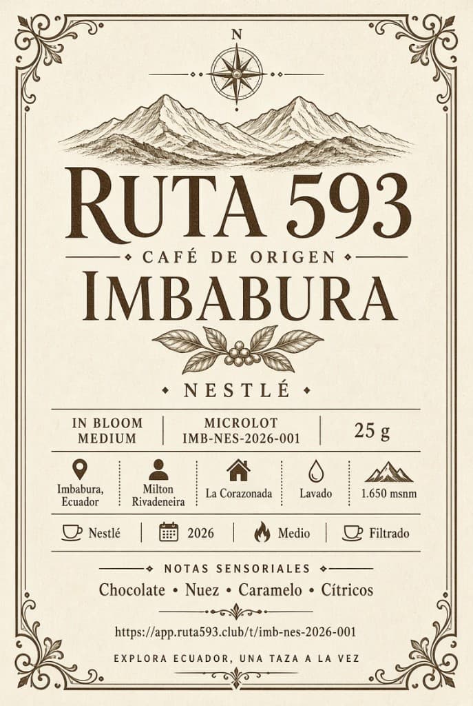 Etiqueta RUTA 593 — Imbabura Nestlé — formato vertical 80 por 140 milímetros para microlote IMB-NES-2026-001